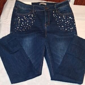Blue Straight Leg Jeans with Rhinestone Embellishments